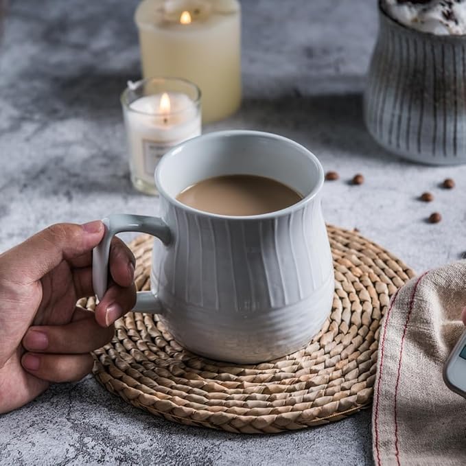 Ceramic Coffee Mug, Large mugs, 16oz, Wide Bottom, Quadrate Large Handle, Unique Mug Shape, Aesthetic Tea and Coffee Mugs, Home kitchen Mug, Best gift for friends and family, (Offwhite)