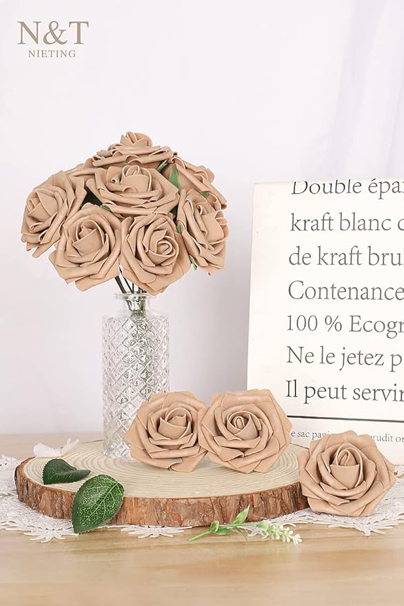 N&T NIETING Artificial Flowers Light Brown Roses, 50 Pcs Faux Flowers Fake Flowers Perfect for DIY Wedding Bouquets Centerpieces Birthday Party Home Flower Arrangement Decorations Fall Flowers