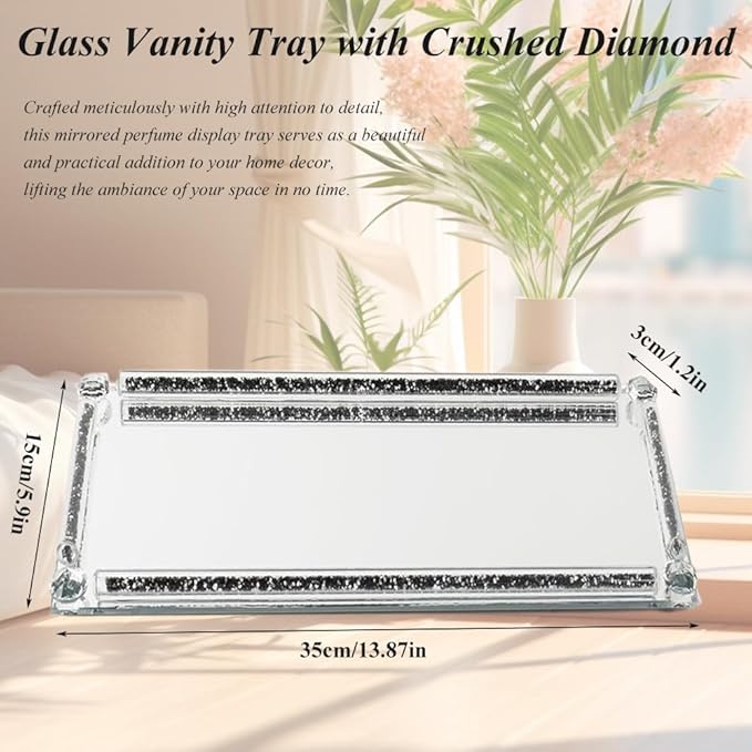 Mirrored Vanity Tray, Crushed Diamond Filled Crystal Glass Cosmetic Makeup Tray, Sparkle Perfume Jewelry Trinket Countertop Decorative Tray, for Home Party Hotel Dresser Bathroom Bedroom, Silver