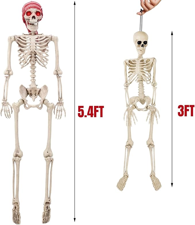yosager 2 Pcs Halloween Skeleton Decorations, 5.4ft & 3ft Pose-N-Stay Life Size Skeleton with Glowing Eye, Human Bones Full Body Realistic with Posable Joints, Pose Skeleton Prop, Haunted House Decor