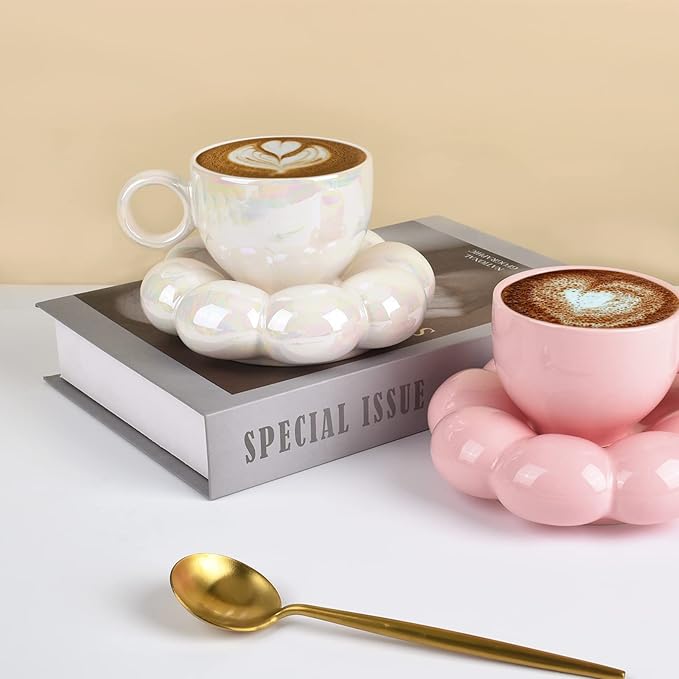 Koythin 4 Pieces Ceramic Sunflower Mug Saucer Set, Creative Cute Cup with Cloud Coaster, 6.5 oz/200 ml Aesthetic Mugs for Tea Latte Milk (4 Pearl White)