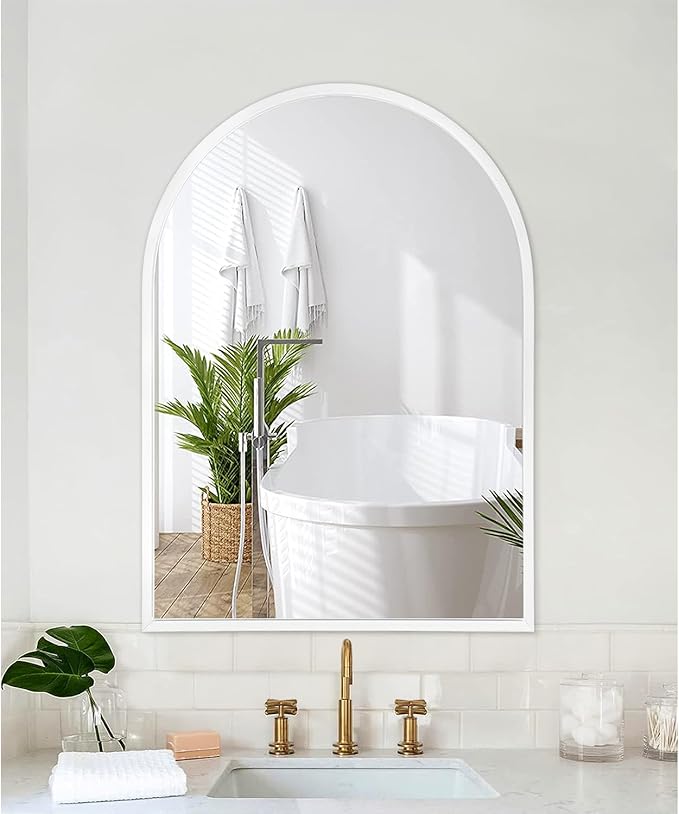 Arch Wall Mirror Bathroom Mirror White Metal Framed Mirror, Arched Metal Wall Mounted Vanity Mirror for Bedroom, Entryway, Living Room 26"x18"