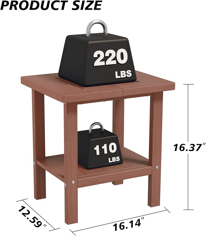 2-Tier Adirondack Square Outdoor Side Table, Pool Composite Patio Table, Weather Resistant End Table for Patio, Backyard, Pool, Easy Maintenance - Brown