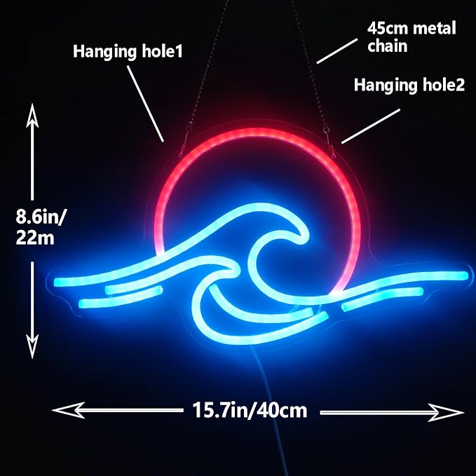 Sunrise Sunset Neon Sign Dimmable Wave Tropical Sunrise Ocean Neon Sign Surf Room Decor for Living Room Bedroom Office Bar Birthday Party Christmas (Ice blue,Red)