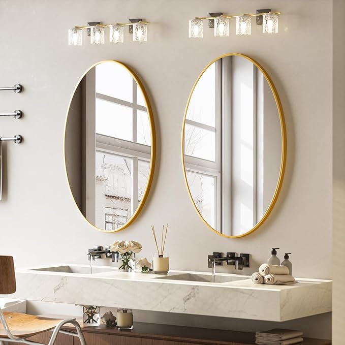 Gold Oval Bathroom Mirror, 26 x 38 inch Modern Oval Wall Mounted Vanity Mirror with Tempered Glass Hanging Horizontally or Vertically, Gold