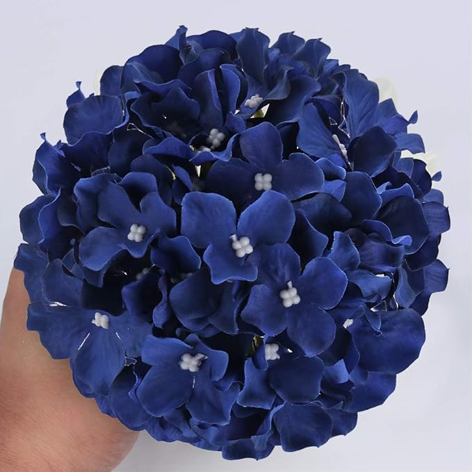 Flojery Silk Hydrangea Heads Artificial Flowers Heads with Stems for Home Wedding Decor,Pack of 10 (Royal Blue)