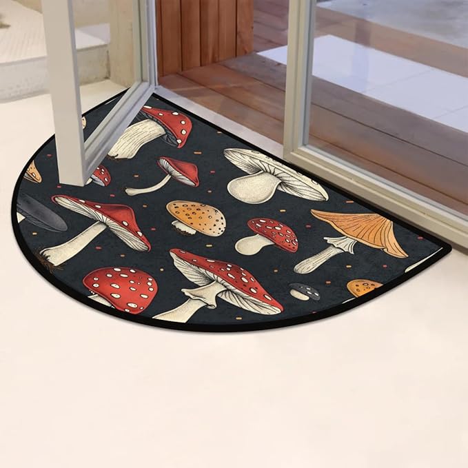 Half Round Door Mat Non Slip Bath Mats Funny Bathroom Rugs Half Circle Carpet for Home Bathroom Laundry Kitchen Decor Mushrooms