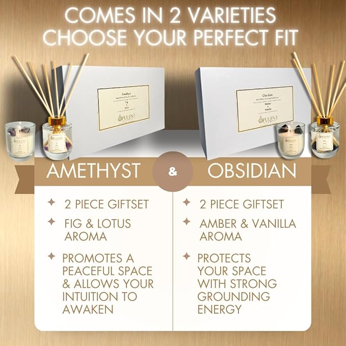 Crystal Candle & Diffuser Set with Obsidian – Amber & Vanilla Aroma by Opulent Scents | 100% Natural Soy Wax & Oils | Healing & Protection Gift for Home