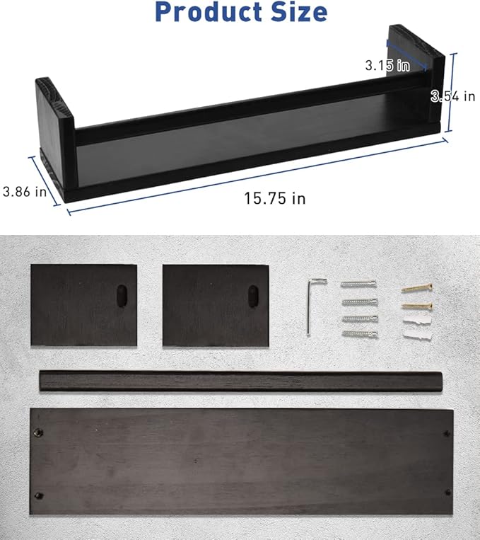Gneric Floating Shelves for Wall, Black Nursery Book Shelves, 15.7 inch Kids Bookshelf, Wall Shelves for Living Room Bedroom Decor,Kitchen Spice Rack,Bathroom Storage Rack(4 Pack)