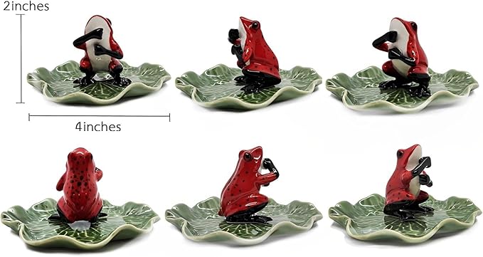 Tiny 2" High Red Black Frog On 4" Wide Lotus Leaf Incense Holder - Ceramic Incense Stick Tray Porcelain Miniature Handmade Animals Figurine Display Cute Mini Colorful Décor Gift