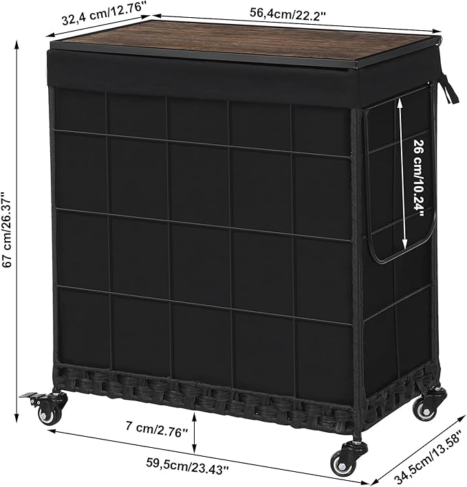 Laundry Hamper with Wood Lid and Divided Liner Bag; Durable Laundry Basket with Heavy Duty Rolling Lockable Wheels; Clothes Hamper with Removable Liner Bag; Laundry Sorter with Metal Handle (Black)