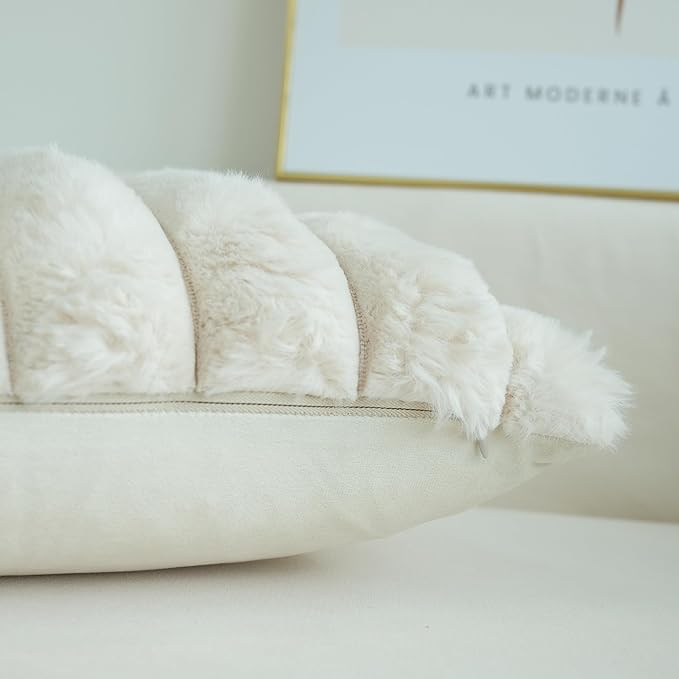 JOJUSIS Pack of 2 Faux Fur Plush Decorative Throw Pillow Covers Couch Cushion Case Soft Fluffy Pillowcases Wide Stripe (Beige, 24 x 24 Inch)