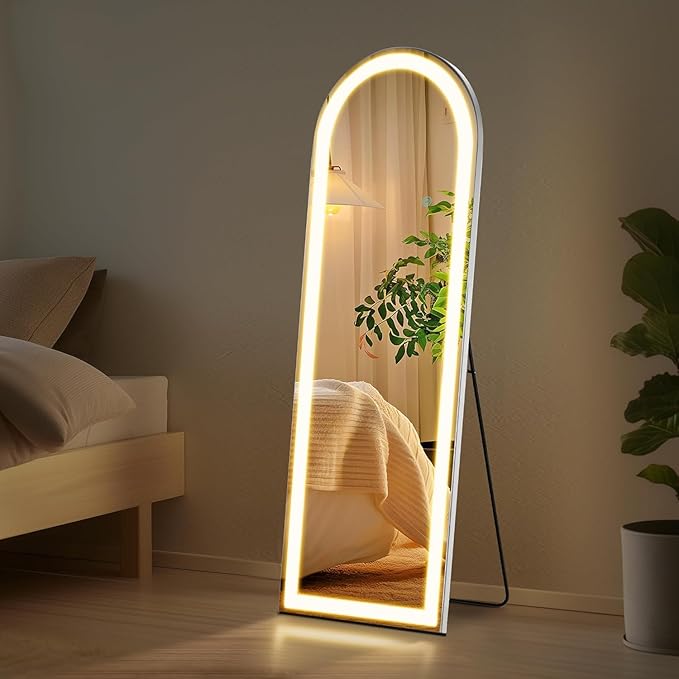 Arched Full Length Mirror with LED Lights, 60"x16" LED Floor Mirror with Stand, Body Floor Mirrors with Dimming & 3 Color Lighting, Wall Mounted LED Mirrors for Bedroom, Dressing Room, Cloakroom