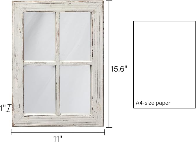 Rustic Small Window Pane Mirror Wall Decor 11 x 16 inches, Hanging Distressed White Farmhouse Rectangle Wood Frame Mirror, Handmade Decorative Window Mirrors for Living Room Christmas