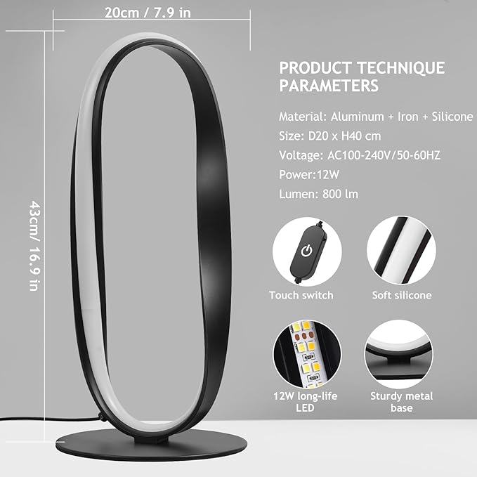NUÜR Circle LED Table Lamp, 3 Color Temperatures Bedside Lamp for Living Room, Stepless Dimmable Bedside Table Lamp, Black Unique Nightstand Lamp for Bedroom, Home, Office