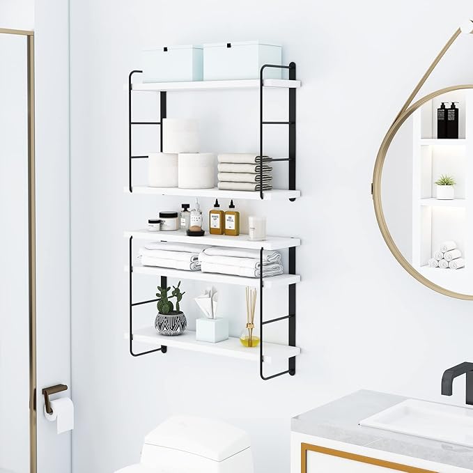 Wall Mounted Floating Shelves, Wall Shelves, Rustic Wall Decor Wood Shelves for Bedroom, Living Room, Bathroom and Kitchen Storage, Easy Installation (5, White)