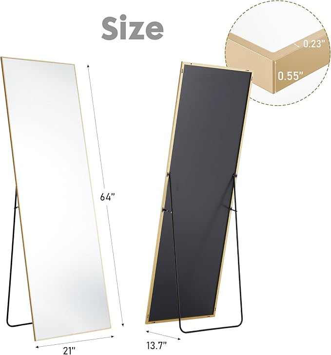Sweetcrispy 64"x21" Full Length Mirror Full Body Floor Mirror Standing Hanging or Leaning Wall, Wall Mirror with Stand Aluminum Alloy Thin Frame for Bedroom Cloakroom,Gold