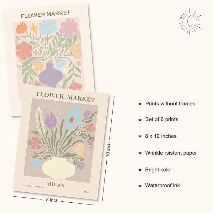 Habseligkeit Danish Pastel Wall Art Prints, Flower Market Retro Posters, Vintage Floral Art Prints, Cute Matisse Room Decor Aesthetic for Bedroom Wall Decor(8x10inch, Unframed