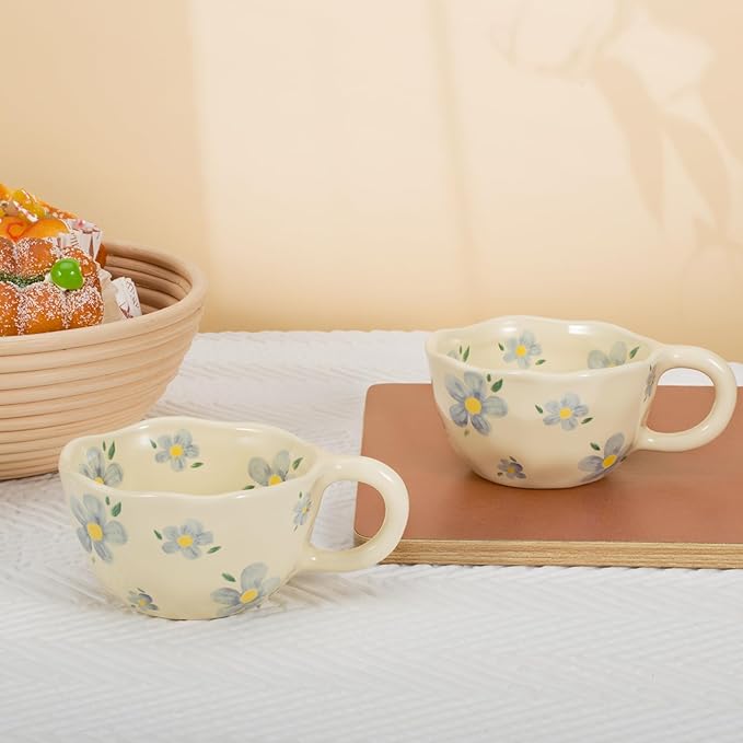 Koythin 2-Pieces Ceramic Coffee Mugs, Creative Cute Flower Cup for Office and Home, 8.5 oz/250 ml Aesthetic Mug for Latte Tea Milk (2 Blue Flower)