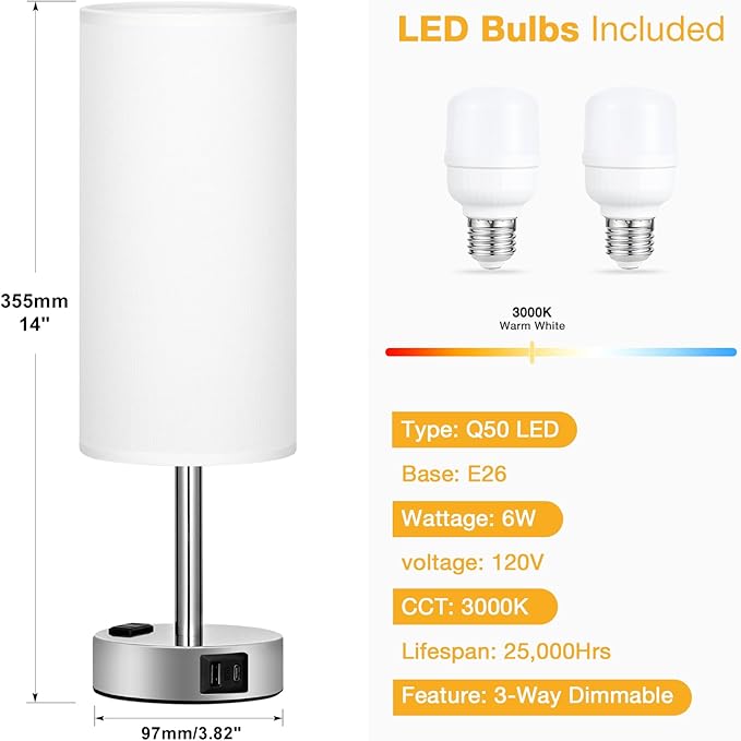White Touch Nightstand Lamps Set - 3 Way Dimmable Bedside Table Lamp for Bedroom with USB Ports, Small Lamps with AC Outlet for Girls Dorm Nursery, Silver Base