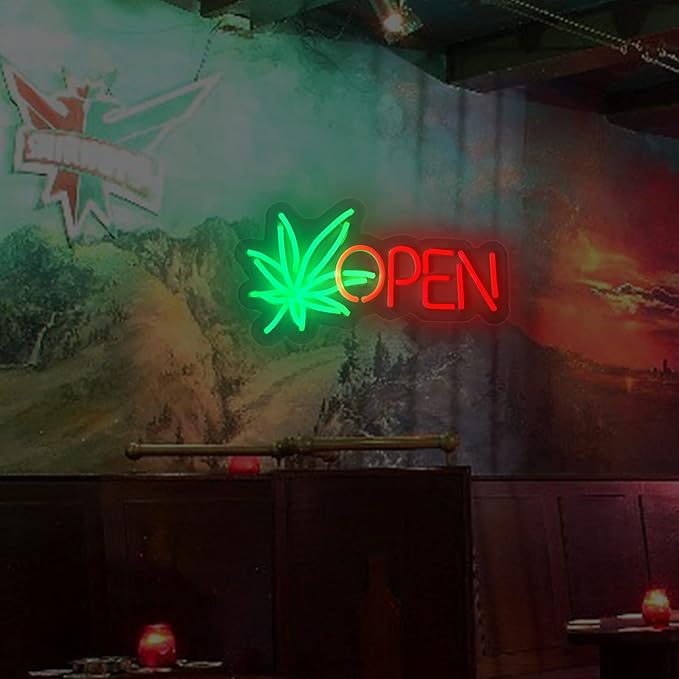 Open Neon Sign, Neon Signs for Wall Decor, Dimmable Neon Green Leaf LED Signs for Bedroom Aesthetic, Light Up Neon Signs for Hotel Beer Bar Man Cave Club Pub Party Decorations