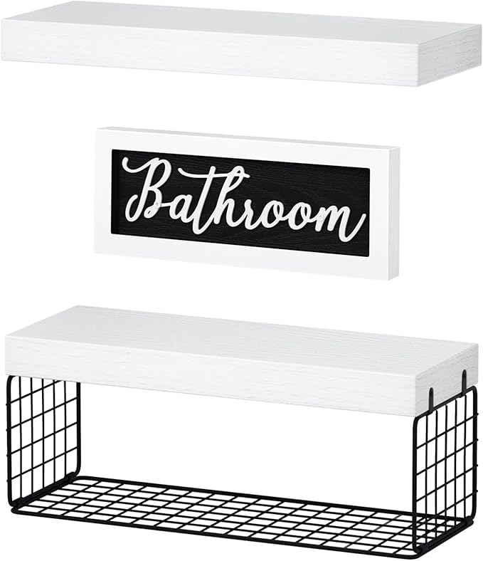 QEEIG Bathroom Shelves Over Toilet - Paper Storage Wall Mounted Farmhouse Decor Decorations Aesthetic Décor Sign Small Floating Shelf 2+1 Set 16 inch, White and Black (020WB)