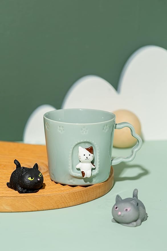 DIHOclub Cat Ceramic Cup Window Animals Mug Cute Cartoon Handmade Figurine Mugs,Holiday and Birthday Gift for Daughter,Son,Kids,9 OZ (Blue)