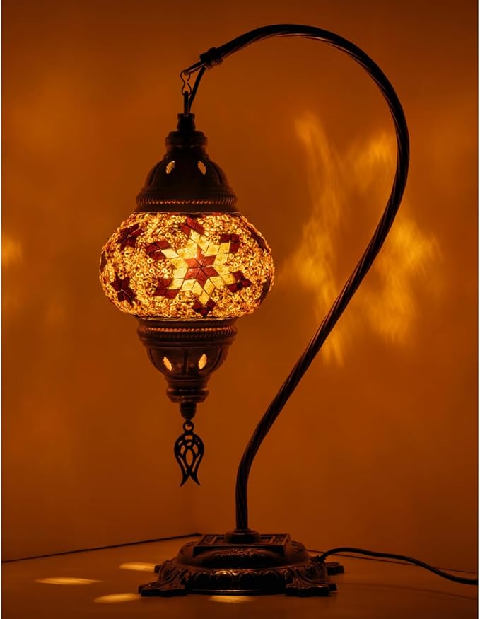 Kafthan Turkish Moroccan Mosaic Lamp – Handmade Glass Swan Neck Bedside Lamp with Antique Brass Base, Ideal Decor for Bedroom, Office, Living Room – Bulb Included (Ecru Snow Flakes)