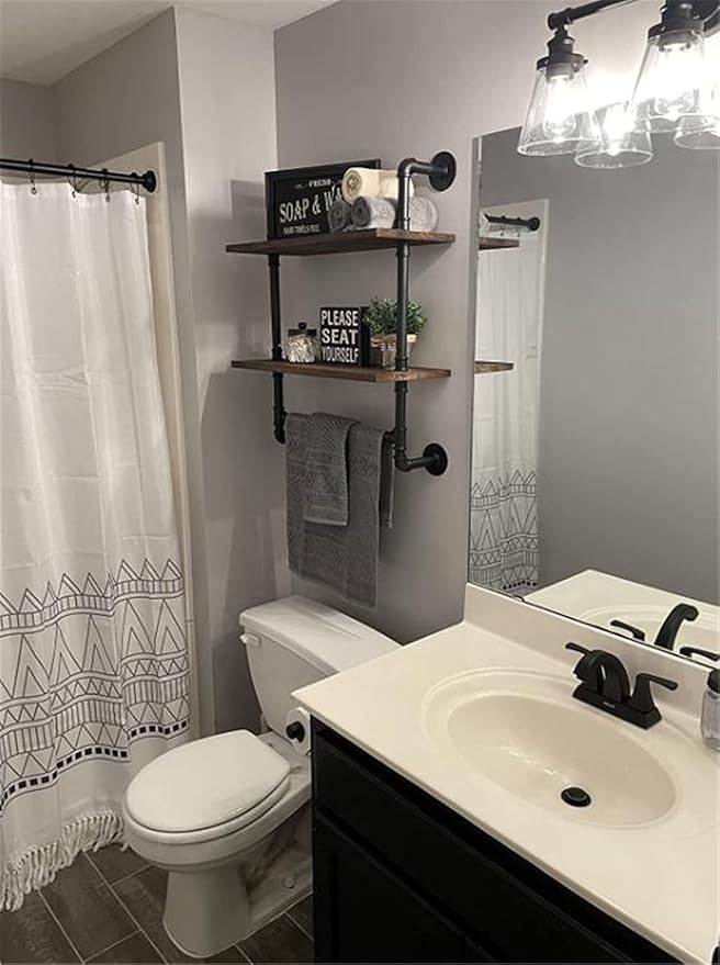 Industrial Pipe Shelf,2 Tiered Metal Towel Racks for Bathroom,20" Industrial Pipe Floating Shelves Shelving,Rustic Wood Wall Mount Shelf with Bar,Iron Towel Holder