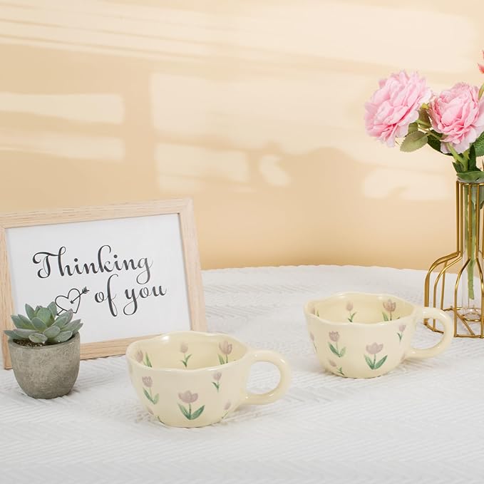 Koythin 2-Pieces Ceramic Coffee Mugs, Creative Cute Flower Cup for Office and Home, 8.5 oz/250 ml Aesthetic Mug for Latte Tea Milk (2 Purple Tulip)
