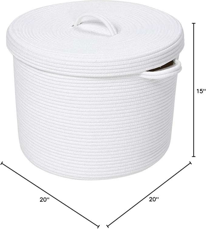 16" x 16" x 13" Medium Storage Basket with Lid, Cotton Rope Storage Baskets, Laundry Hamper, Cloth Bin, for Clothes Blankets Pillows Storage in Living Room, Full White with Cover