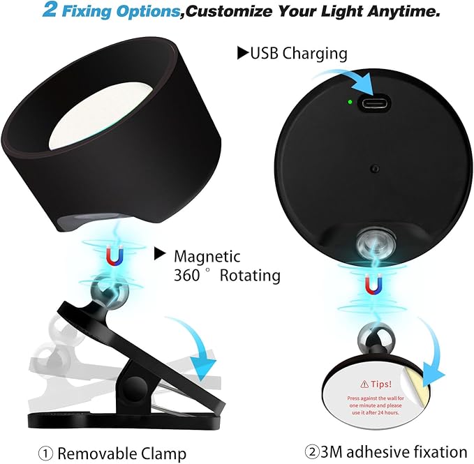 Adetu 2 Pcs LED Wall Mounted Lights, RGB Wall Sconces Lamp with Rechargeable Battery Operated USB Port, 3 Color Temperatures & Dimmable Magnetic 360° Rotation Cordless Light for Bedroom Bedside