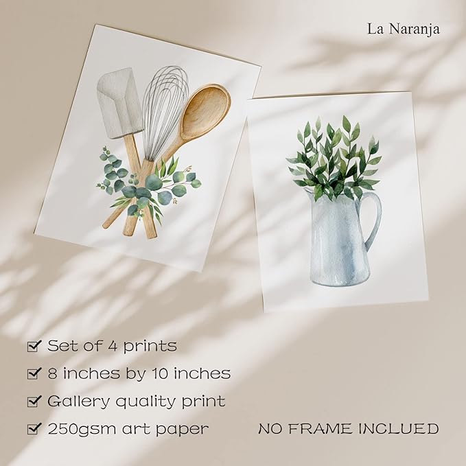 La Naranja Boho Kitchen Wall Decor Sage Green Plants Botanical Prints Eucalyptus Leaves Wall Art Minimalist Dining Room Artwork, Set of 4 Pictures, 8''x10'', UNFRAMED