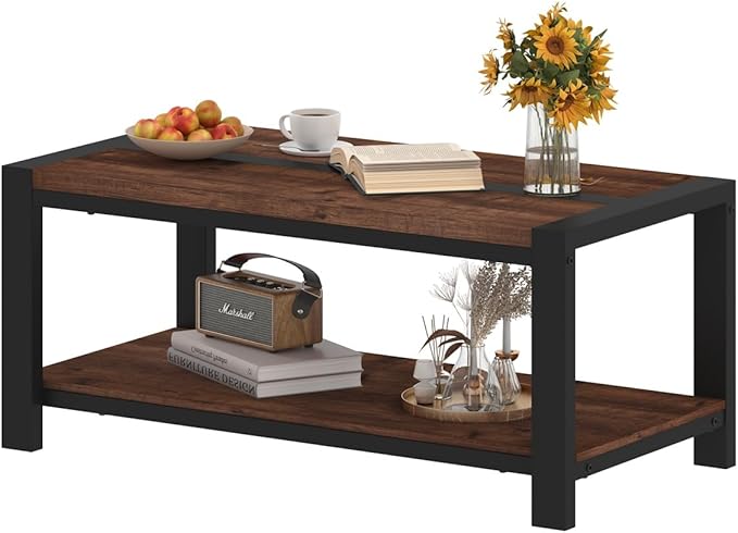 BON AUGURE Coffee Table for Living Room, Industrial Wood and Metal Living Room Tables, Farmhouse Rectangular Center Table (Rustic Oak, 43 Inch)