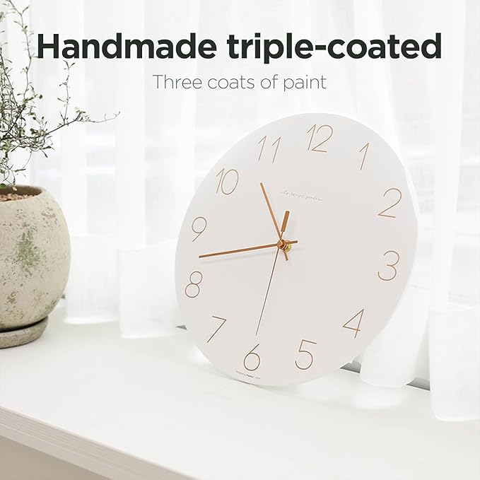 mooas Flatwood Wall Clock (Rose Gold),12" Non-Ticking Sweep Movement Decorative Battery Operated Wall Clock for Home Living Room Kitchen Bedroom Office School