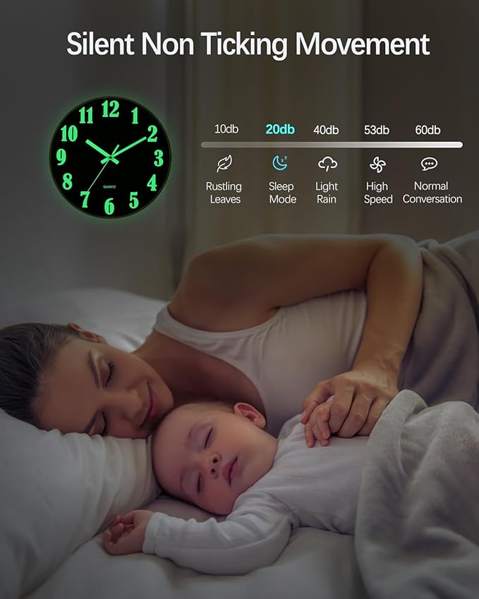 JoFomp Glow in The Dark Clock, 8 Inch Modern Silent Non Ticking Wall Clocks Battery Operated, Night Light Wall Clock for Living Room Decor, Wall Clock Decorative for Kitchen Bedroom