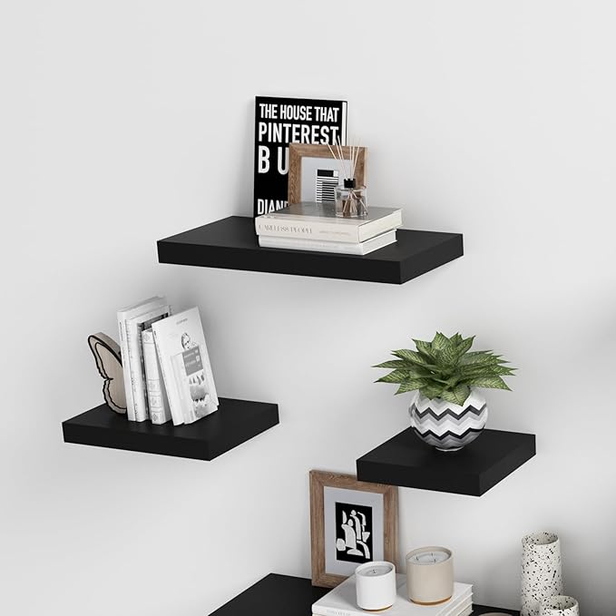 WELLAND 16 inch Black Mission Floating Shelves for Wall, Bathroom Wall Mount Shelves, Wood Modern Display Shelves, Book Shelves,for Bedroom,Living Room and Kitchen