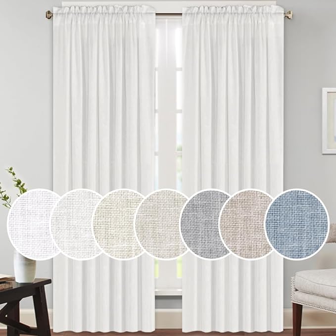 PrinceDeco Linen Curtains 84 Inch Long Rod Pocket Window Drapes for Bedroom Energy Saving Light Reducing Vertical Drapes Country Rustic Linen Blended Curtains,2 Panels (White, 52" W x 84" L)