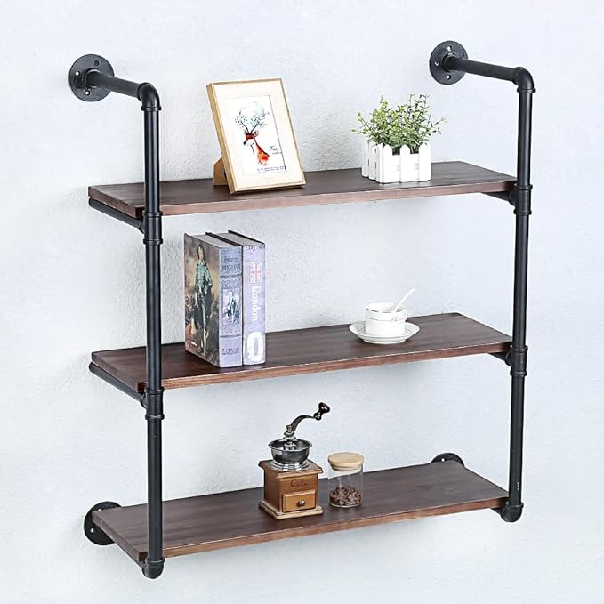Industrial Pipe Shelving Wall Mounted,30in Rustic Metal Floating Shelves,Steampunk Real Wood Book Shelves,Wall Shelf Unit Bookshelf Hanging Wall Shelves,Farmhouse Kitchen Bar Shelving(3 Tier)