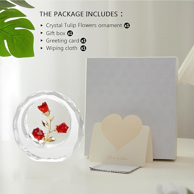 Crystal Flower Figurines,Glass Tulips with Stems,Spring Bouquet Collectible Figurines Home Decor (Red)