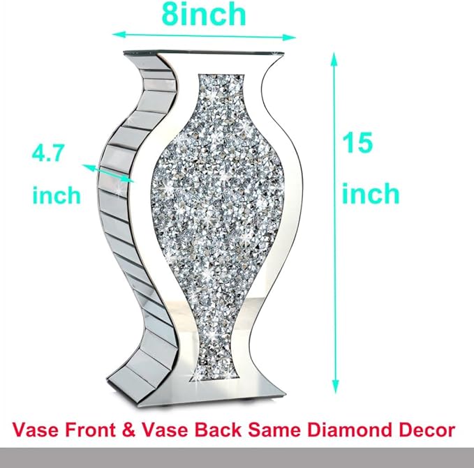 Crushed Diamond Mirror Vase Crystal Silver Glass Stunning Decorative Vase Flower Luxury for Home Décor. Can’t Hold Water.