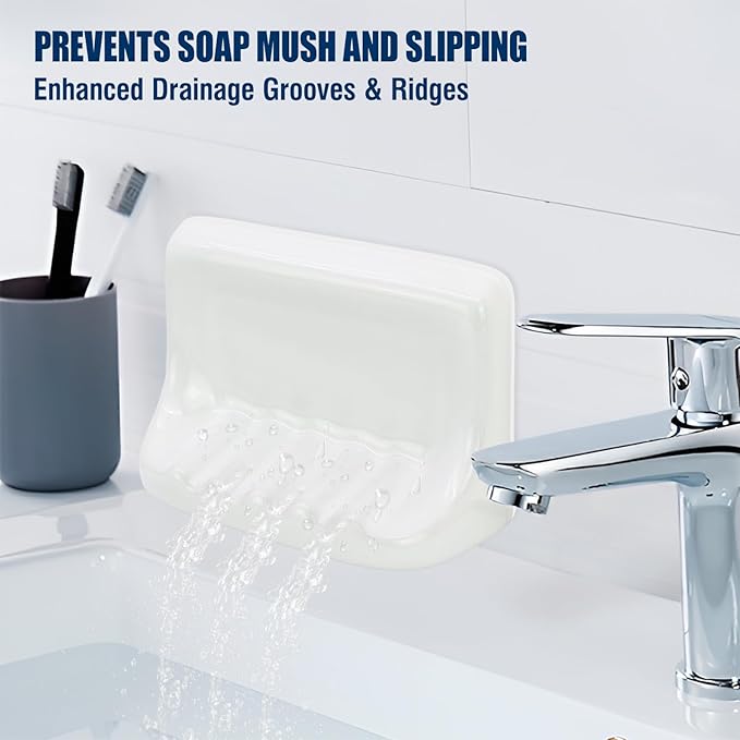 Shower Wall Soap Holder & Ceramic Soap Dish - Fits 4x4 Inch & Any Tile Walls, Heavy-Duty Flat-Back Design with Drainage Slope, No-Slip, Classic White
