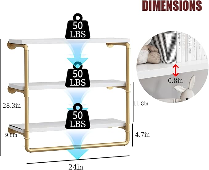 HOMEKAYT 24" Industrial Pipe Shelving, Floating Wall Shelves 3 Tier Gold Shelves with Haning Rod Multiple Use for Kitchen, Bedroom,Living Room,Bathroom