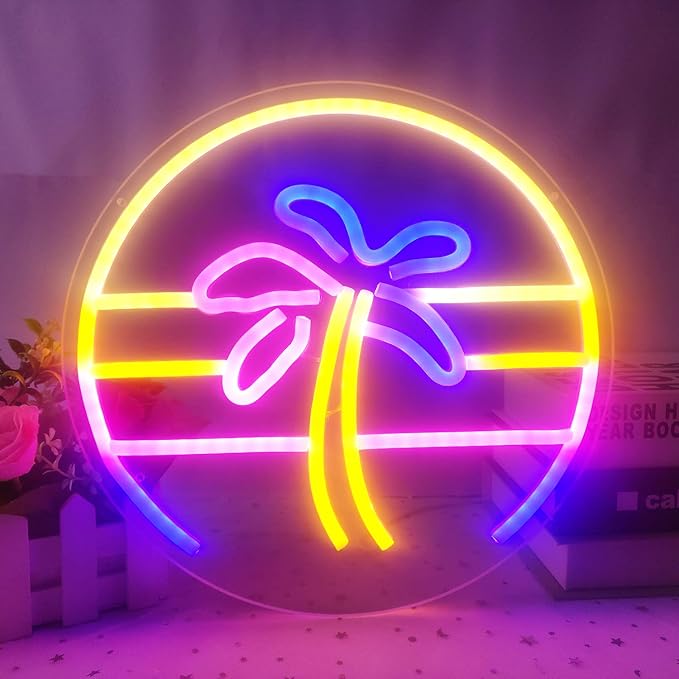 Sunset Neon Sign Dimmable Tropical Coconut Palm Tree Neon Sign 12''x 12'' Aesthetic Plam Tree Retro 80S Sunrise Palm Tree Neon Signs for Wall Decor Bar Birthday Christmas Home Decor