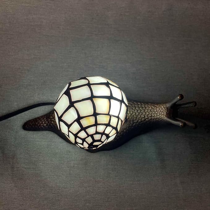 Bieye L10988 Land Snail Tiffany Style Stained Glass Accent Table Lamp for Home Decor (White, 10" D x 5" W x 5" H)