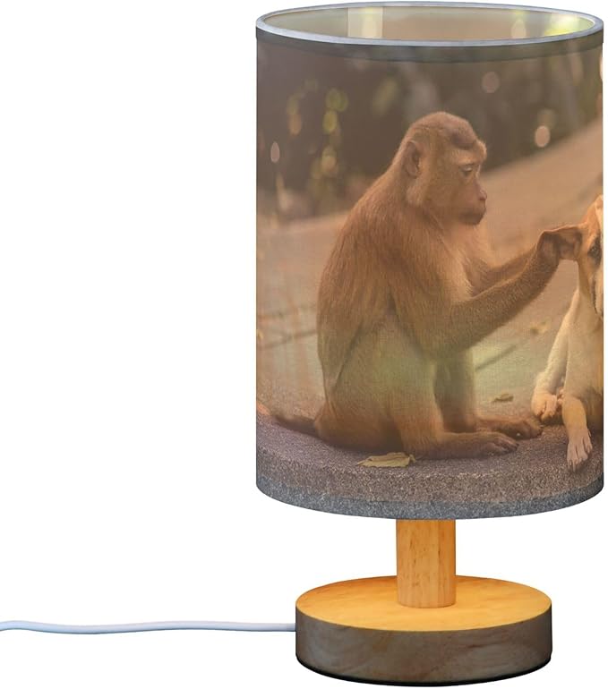 Table Lamp Monkey and Dog Animal Nightstand Lamp with Wood Base Fabric Lamp Shade Bedside Desk Lamp for Living Room Bedroom Kids Room Office