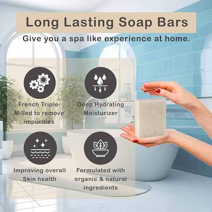 Oatmeal & Milk Scented Natural Soap Bars (5 Bars), 3.5oz Moisturizing French Triple Milled Soap Bars Enriched with Shea Butter - Pure Plant Oil Bath & Body