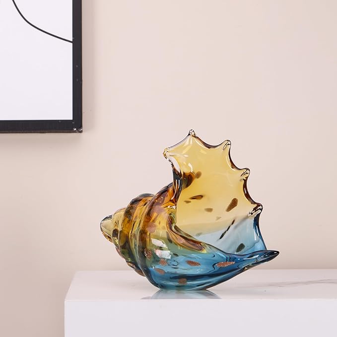 LCCCK Sea Glass Art Figurines Hand Blown Conch Shell Sculpture, Blue Sea Glass Decor Creative Conch Seashell Statue - for Coastal Room Decor Knick Knacks Home Decor Kitchen Decorations Above Cabinets