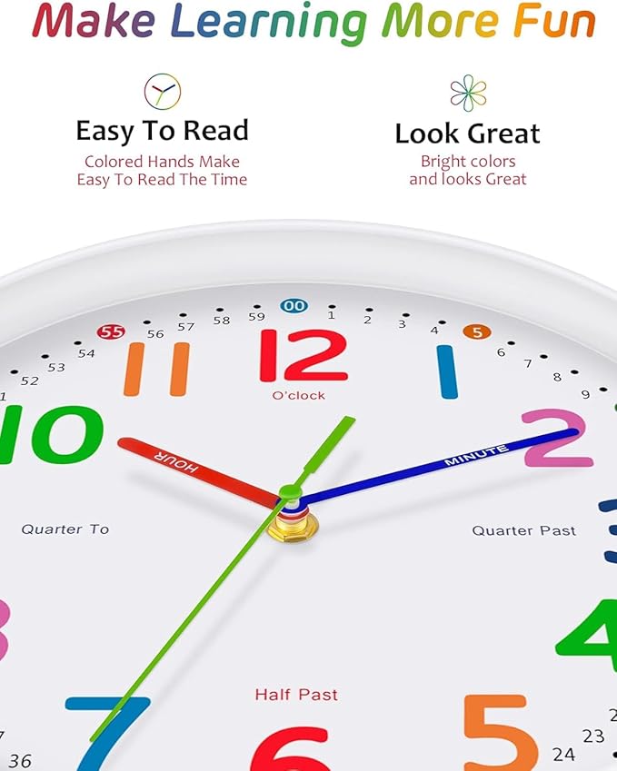 Silent Kids Wall Clock – Non-Ticking, Battery-Powered, Ideal for Teaching Time and Stylish Décor in Any Room - 8 Inch