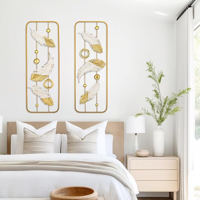 2 Pack Gold Wall Art Décor, 35" Rectangular Panels Metal Work, Modern Wall Décor for Home Office Café Bedroom Living Room Wall Decoration